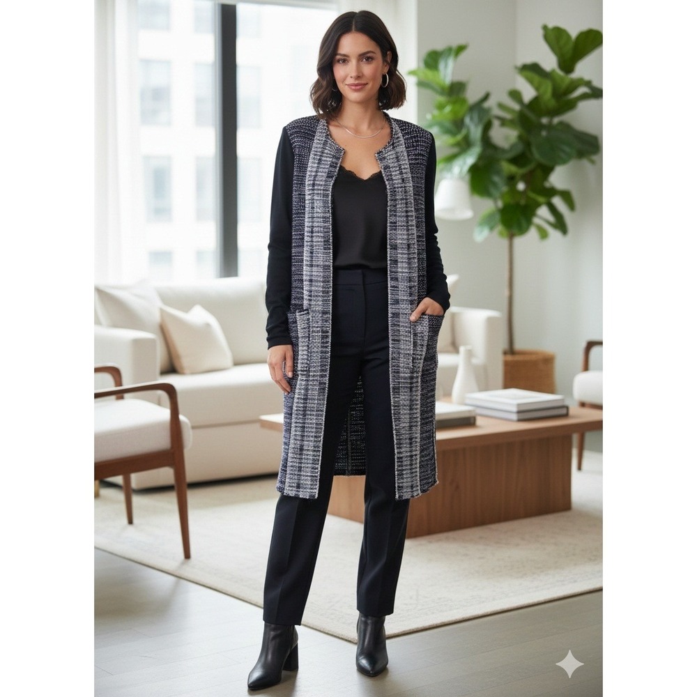 Etcetera Open Front Long Tweed Knit Cardigan‎ Jacket Blazer Black Blue Size 6
